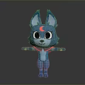 Blue Fox Like Cartoon Character With Big Eyes Red Moon Mark And Red Scarf