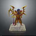 Action Figure With Blue Hair Red Gold Armor Yellow Winged Design Weapon On Marble Base