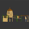 Wooden Children's Playground Structure With Tower Platform Swing And Green Posts