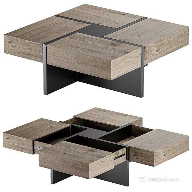 Modern Wooden Coffee Table With Black Metal Frame And Storage Drawers 3d model 
