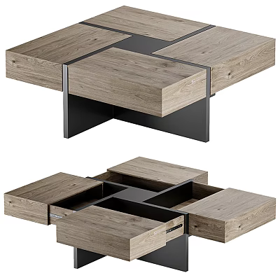 Modern Wooden Coffee Table With Black Metal Frame And Storage Drawers 3d model