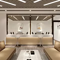 Modern Public Office Space Interior With Reception Counter Sofas Coffee Table And Ceiling Light Strips 3d model