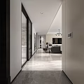 Modern Open Dining and Living Room Interior With Marble Floor Pendant Lights And Large Windows
