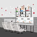 Three White Massage Chairs with White Tables Displays Hexagon Wall Decor and Pink Flowers