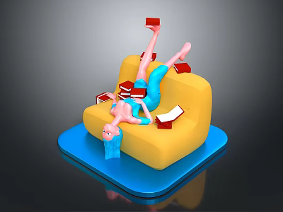 A Woman Lying on a Yellow Sofa with Red Books Scattered on a Blue Base 3d model