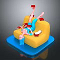 A Woman Lying on a Yellow Sofa with Red Books Scattered on a Blue Base