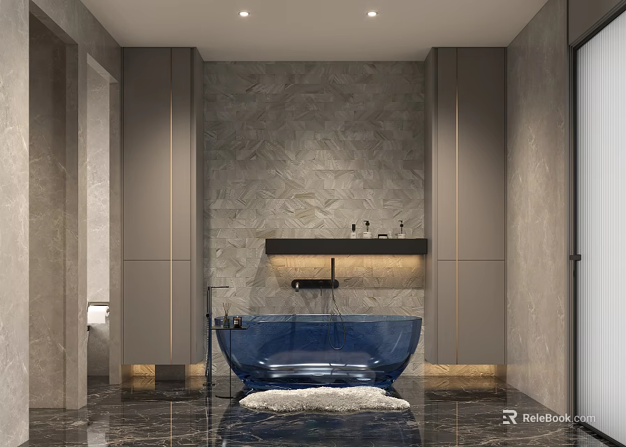 Modern Bathroom Interior Design With Blue Bathtub Marble Walls White Rug And Cabinets 3d model 