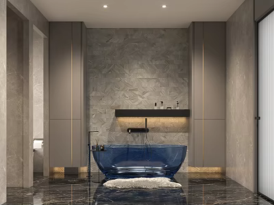 Modern Bathroom Interior Design With Blue Bathtub Marble Walls White Rug And Cabinets 3d model