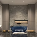 Modern Bathroom Interior Design With Blue Bathtub Marble Walls White Rug And Cabinets