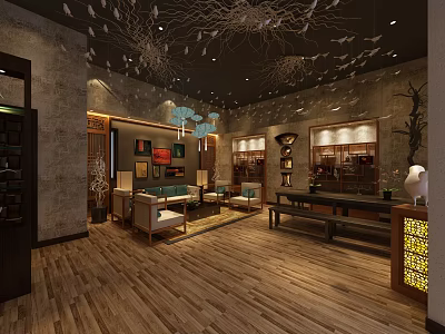Elegant Chinese Style Store Interior With Wooden Flooring Ceiling Decorations Display Cabinets And Sofa Seating 3d model