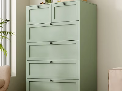 Light Green Storage Cabinet With Multiple Drawers In Cozy Living Room With Indoor Plant 3d model