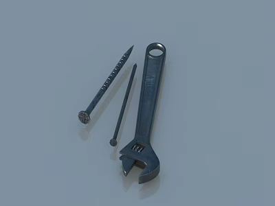 Adjustable Wrench and Metal Nails on Light Gray Surface for DIY Projects 3d model