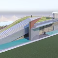 Modern Glass Building With Sloped Roof Lawn Front And Sculpture Outdoor View