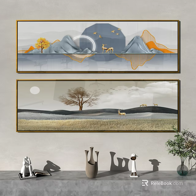 Elegant Decorative Wall Art With Mountain Deer Tree And Grassland Design 3d model