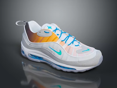 Stylish Sports Sneakers With White Blue Orange Gradient Design Air Cushion And Blue Laces 3d model