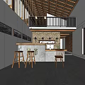 Rustic Modern Restaurant Interior With Stone Bar Counter Wooden Stools And Pendant Lights