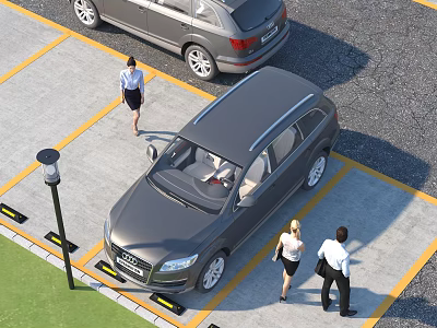 Orderly Parking Lot With Parked Gray SUVs Walking Pedestrians Yellow Lines And Street Lamp 3d model