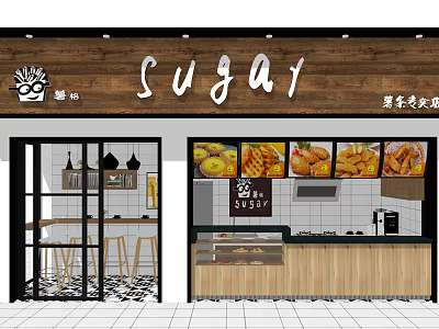Sugar Dessert Shop Storefront with Wooden Sign Glass Door and Pastry Display Case 3d model