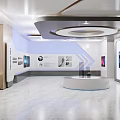 Exhibition Hall Interior With Circular White Platform Blue Background And Wall Screens