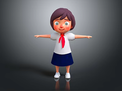 Cute 3D Girl Character With Purple Hair Blue Eyes Red Tie And Open Arms Standing 3d model