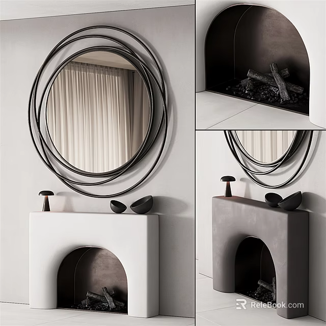 Modern Fireplace With Circular Mirror White Mantel Black Interior And Decor Items 3d model 