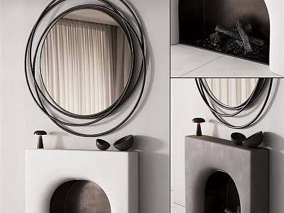 Modern Fireplace With Circular Mirror White Mantel Black Interior And Decor Items 3d model