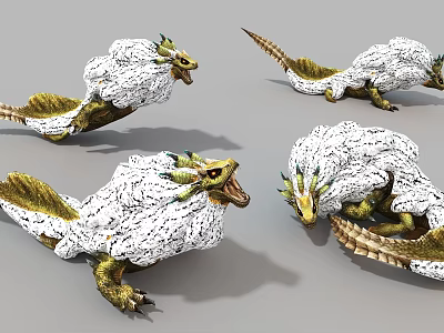 Fantasy Game Mythical Creature With White Fur Golden Scales And Horned Head In Various Poses 3d model