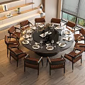 Dark Round Dining Table Set With Brown Upholstered Chairs Tableware And Natural Light 3d model