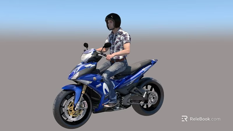 Person Wearing Black Helmet Riding Blue Motorcycle Under Clear Blue Sky On Gray Ground 3d model 