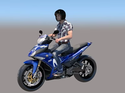 Person Wearing Black Helmet Riding Blue Motorcycle Under Clear Blue Sky On Gray Ground 3d model