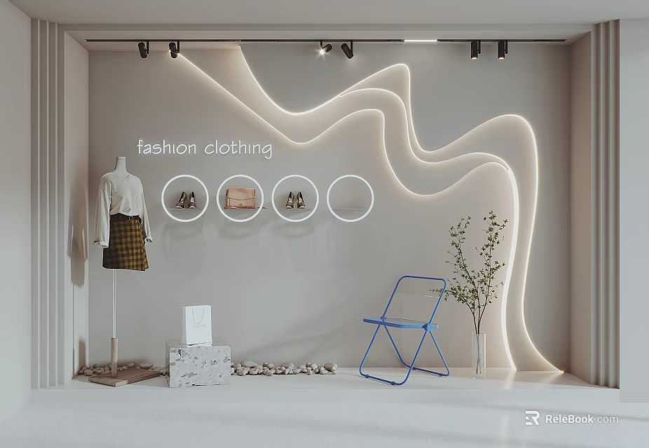 Clothing Store Window With Fashion Mannequin Wavy Illuminated Wall Circular Shelves Blue Chair And Plant 3d model 