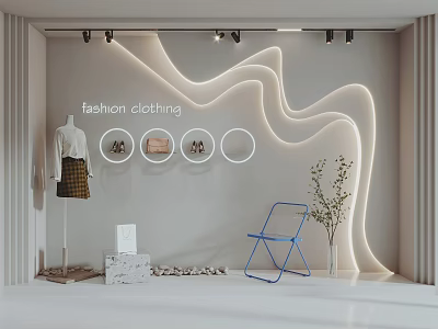 Clothing Store Window With Fashion Mannequin Wavy Illuminated Wall Circular Shelves Blue Chair And Plant 3d model