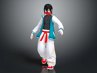 3D Stylized Anime Character With Black Hair Red Mask Blue White Coat And Red Shoes 3d model