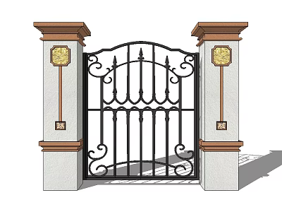 Wrought Iron Entrance Gate With White Pillars Brown Accents And Gold Square Decorations 3d model