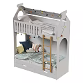 White Bunk Bed with Wooden Ladder Colorful String Lights and Cozy Pillows