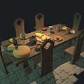 Rustic Wooden Dining Table Set With Chairs Bowls Glasses Fruits And Barrel On Stone Tiles