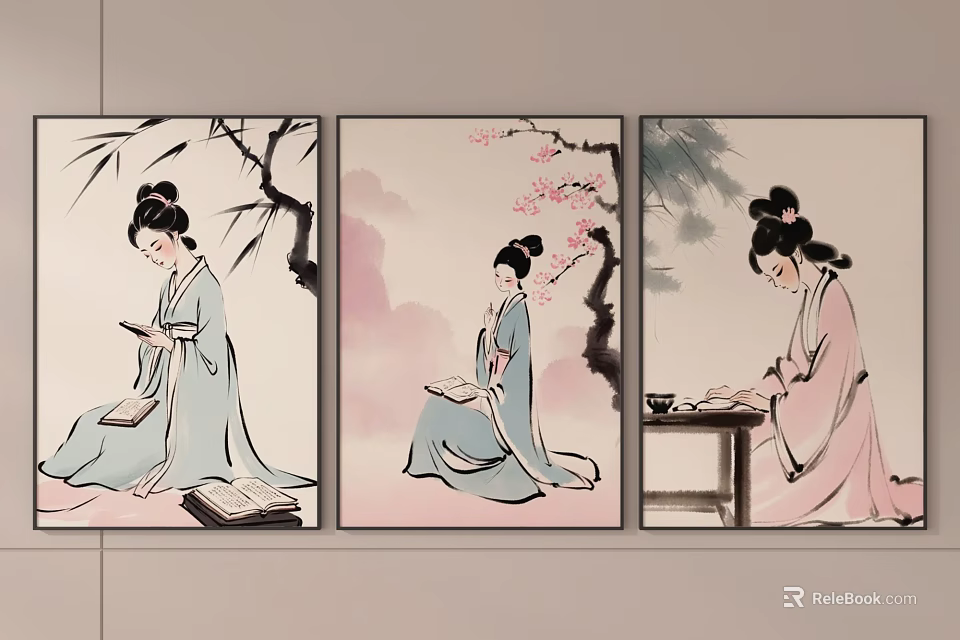 Traditional Chinese Figure Paintings of Women in Traditional Clothing Bamboo Plum Blossoms Reading Writing 3d model 