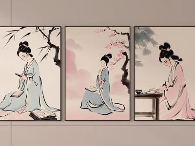 Traditional Chinese Figure Paintings of Women in Traditional Clothing Bamboo Plum Blossoms Reading Writing 3d model