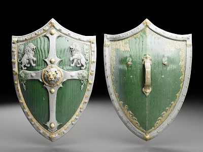 Medieval Green Shields With Golden Accents Lion Motifs And Cross Design 3d model