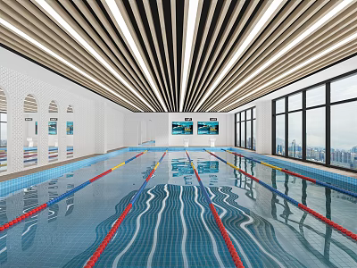 Indoor Swimming Pool With Colored Lane Markers Striped Ceiling And City View Windows 3d model