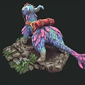 Vibrant Feathered Fantasy Creature With Red Backpack Standing On Rocky Ground And Green Plants