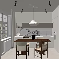 Minimalist Restaurant Interior With Large Window Wooden Dining Table Chairs Pendant Light And White Cabinets