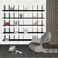 Modern Accent Chair with Glass Shelves Books Decorations Lighting and Stacked Books on Gray Carpet
