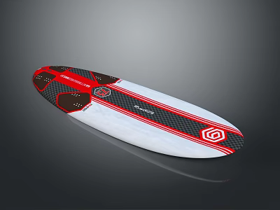 Stylish Kids Surfboard With Red Black White Colors And Carbon Fiber Design 3d model