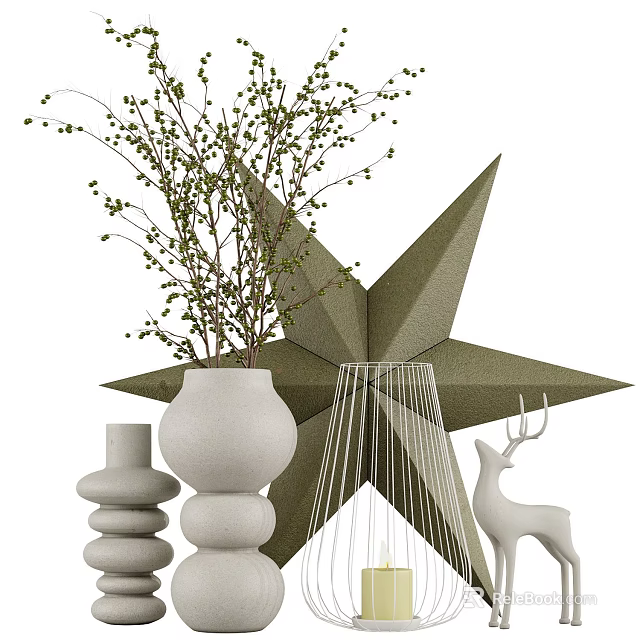 Stylish Decorative Ornament Set With Green Star White Vases Branches Metal Wire And Deer Figurine 3d model 