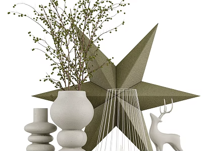 Stylish Decorative Ornament Set With Green Star White Vases Branches Metal Wire And Deer Figurine 3d model
