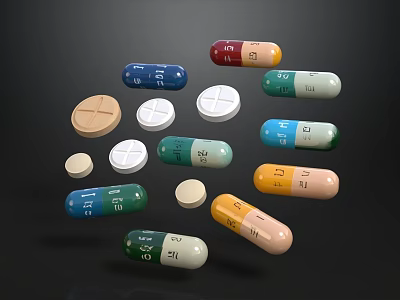 Various Colored Pills And Capsules With Numbers In Different Shapes 3d model