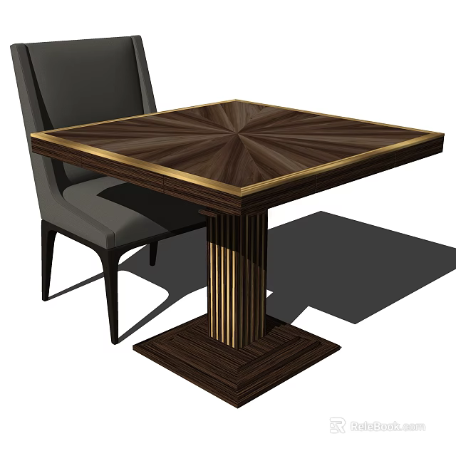Elegant Square Dining Table Set With Radial Wood Grain Golden Edge And Gray Chair 3d model 