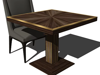 Elegant Square Dining Table Set With Radial Wood Grain Golden Edge And Gray Chair 3d model