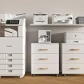 Office Equipment Setup With Canon Multifunction Printers White Cabinets And Storage Basket 3d model